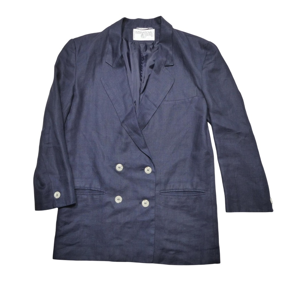 Vintage International Scene Blazer Womens 8 Blue Linen Lined 4 Button Jacket